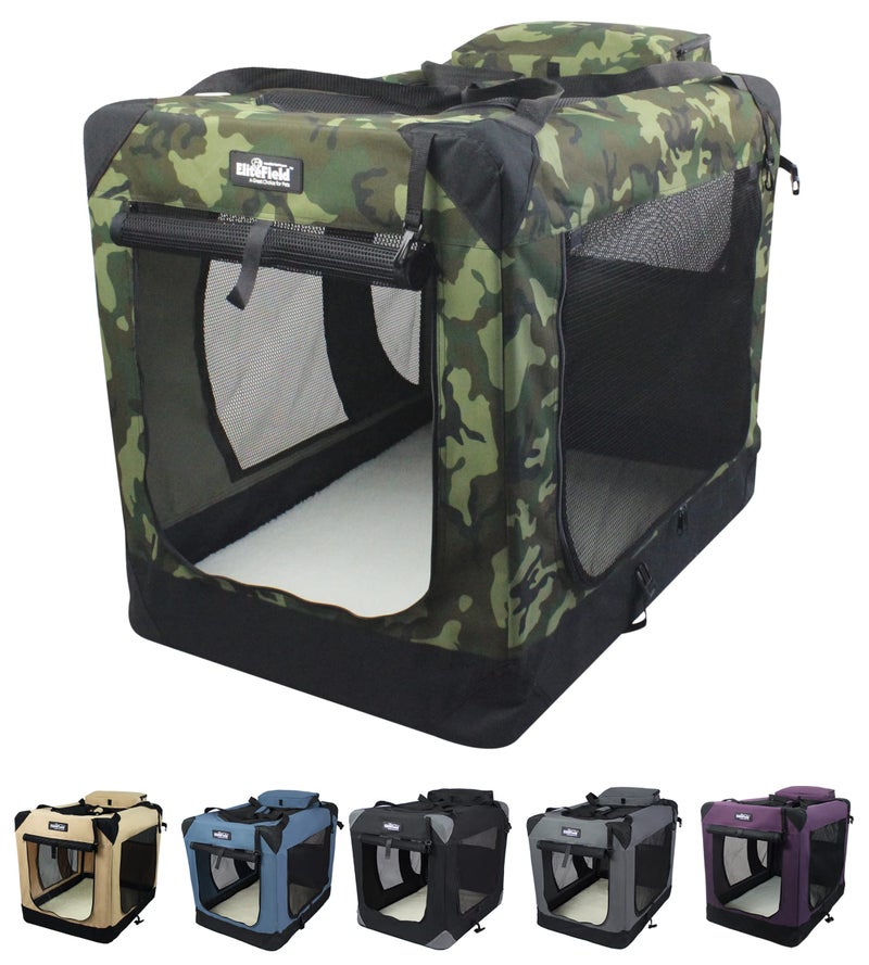 EliteField 3-Door Folding Soft Dog Crate with Carrying Bag and Fleece Bed (2 Year Warranty), Indoor & Outdoor Pet Home (24" L x 18" W x 21" H, Camo) - Image 1